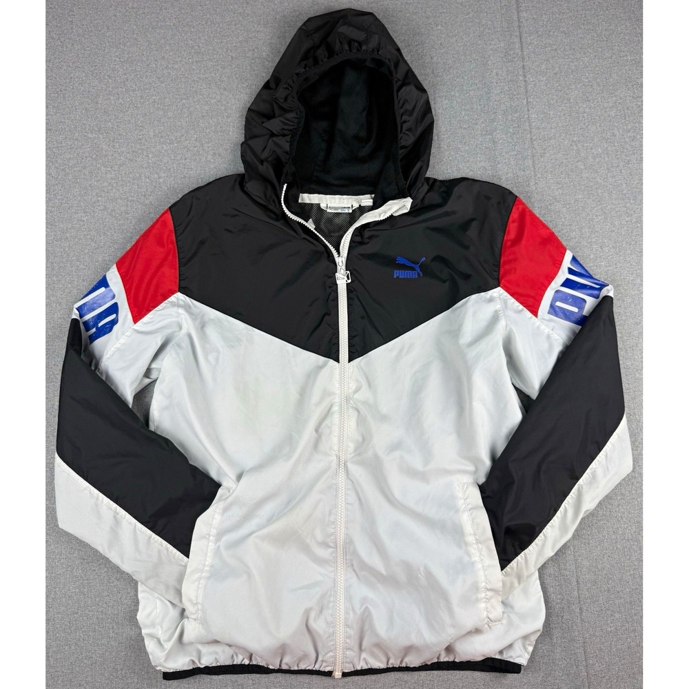 Puma Football Windbreaker Mens M Hooded Jacket Black White Red Blue 570417